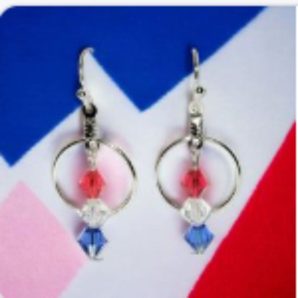 4th of July 1" Handmade Dangle Earrings Silver Circle Colored Crystals Brand New